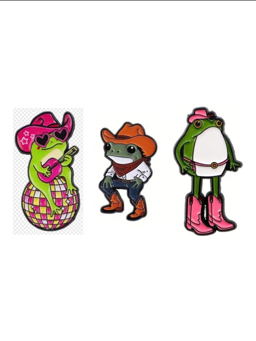 3pc Enamel Frog Western Theme Pins for Hat, Bag, Lapels, Backpack Brooch
